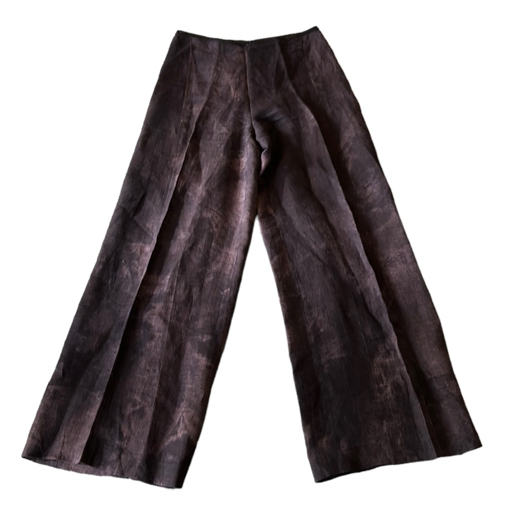 M Siamo Brown Black Tie Dye Linen Leather Wide Leg Palazzo High Waist Pants - 4
